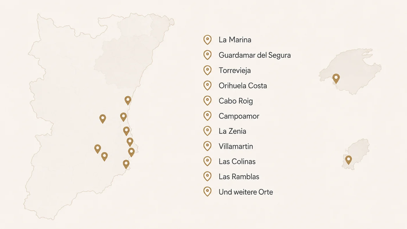 Map of the Costa Blanca with all coaching locations plus Mallorca and Ibiza